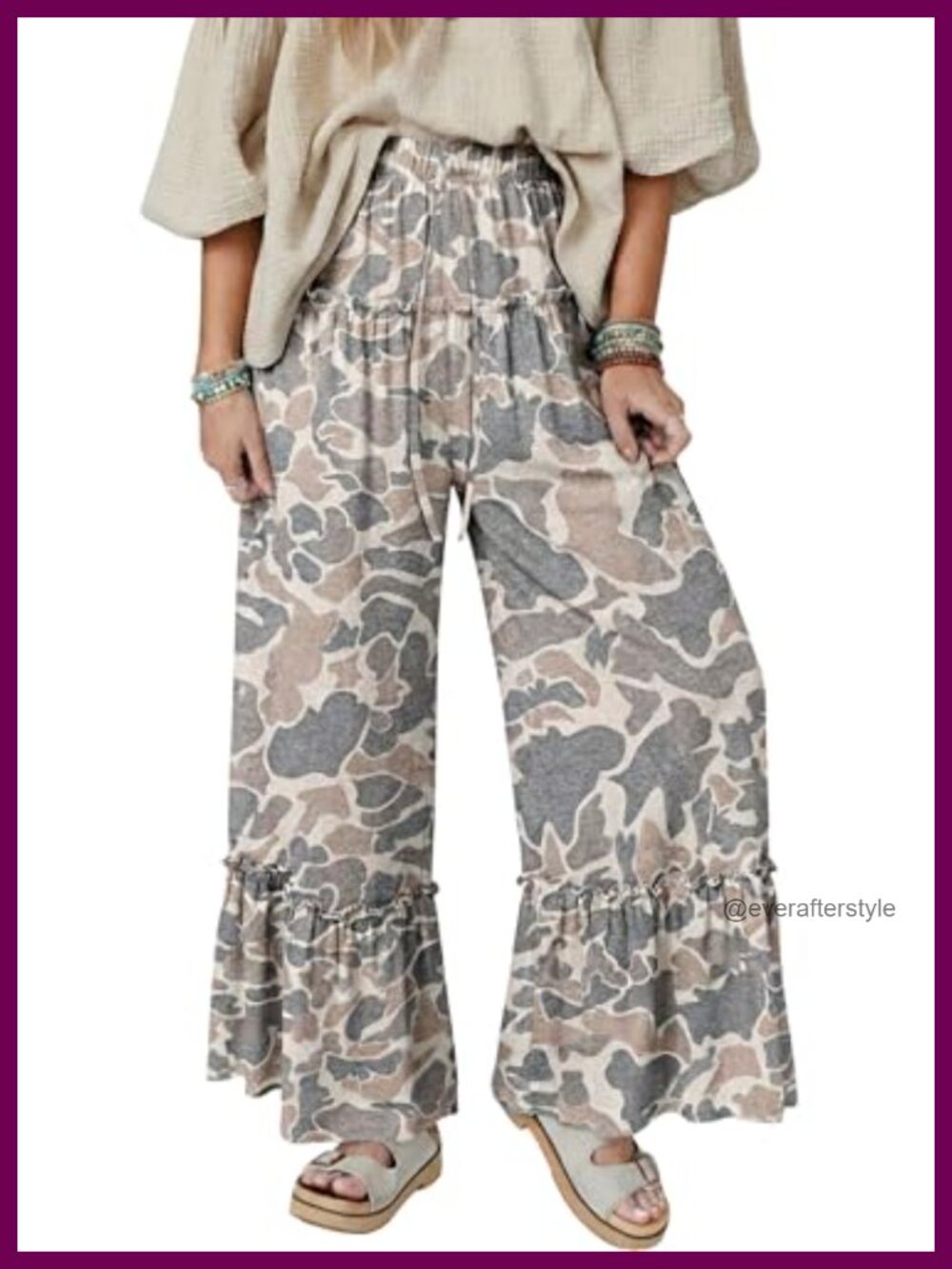 Womens Camo Wide Leg Drawstring Palazzo Pants High Rise Flowy Trousers